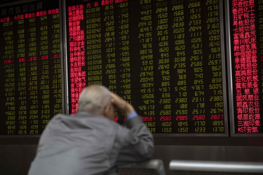 A screen at a securities company in Beijing on May 6, 2019.Contrary to global conventions, China represents losses and declines in green, using red to denote gains and advances. Photo: AFP
