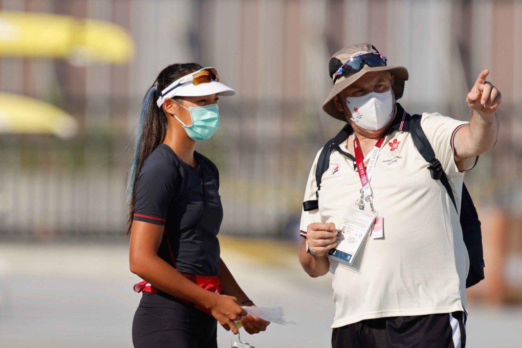 Hong Kong’s veteran coach Chris Perry with rower Winne Hung Wing-yan at the Tokyo Bay rowing venue for the Olympic Games. Photo: SF&OC