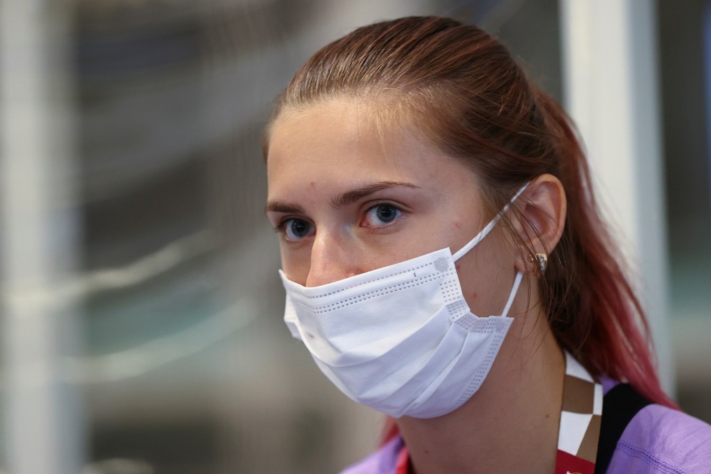 Belarusian athlete Krystsina Tsimanouskaya is seen at Haneda international airport in Tokyo after refusing to board a plane home. Photo: Reuters