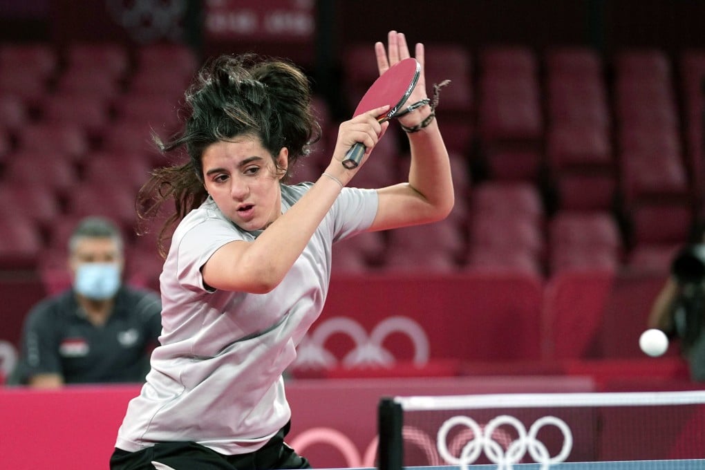 Hend Zaza, the youngest athlete competing in the Tokyo Olympics, in action during the opening round of the women’s table tennis singles on July 24. Photo: Kyodo