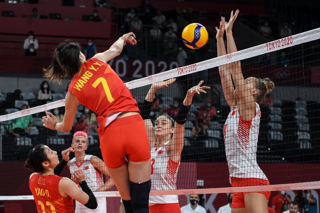 China’s Wang Yuanyuan spikes the ball in the women’s preliminary round pool B volleyball match against Turkey at the Tokyo 2020 Olympics. Photo: AFP