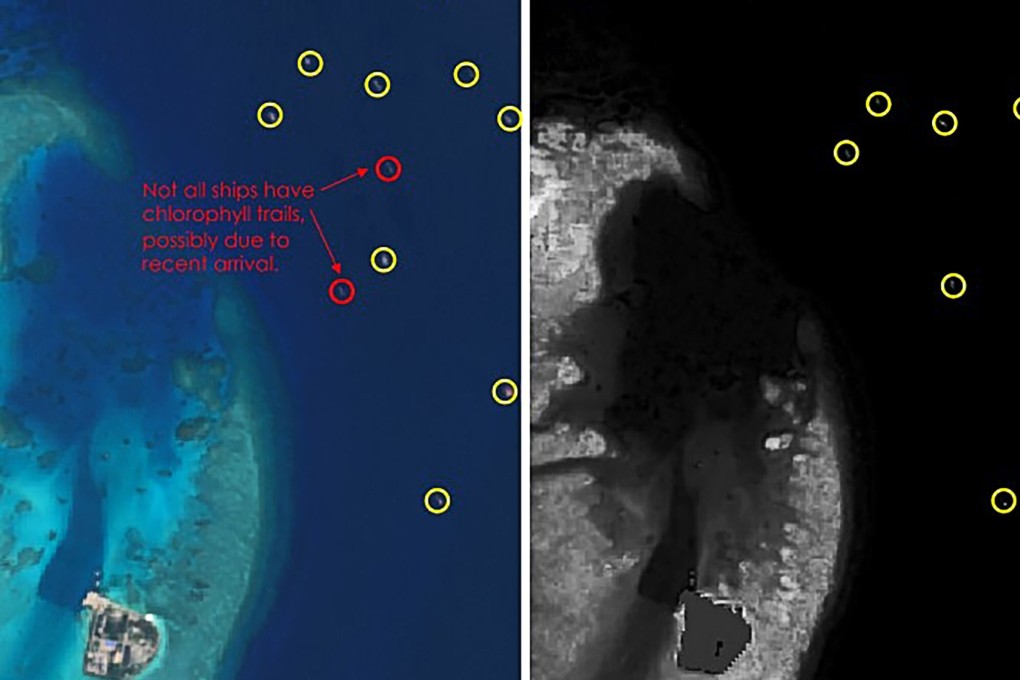 A slide from Simularity’s presentation showing ships (left) and concentration of chlorophyll-A (right) last month. Photo: Handout