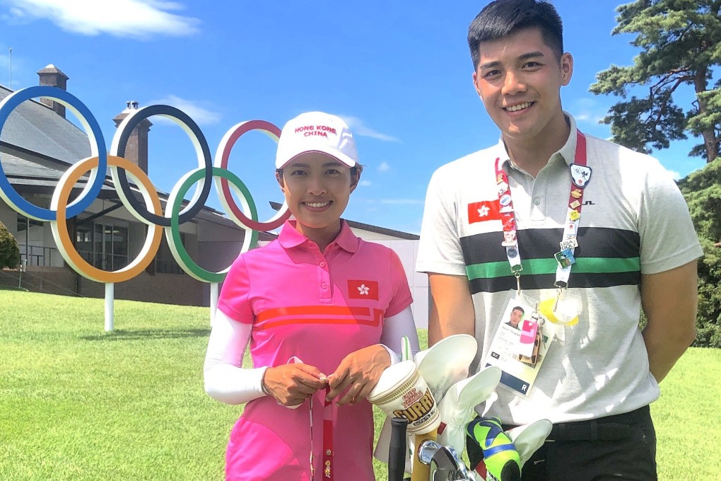 Hong Kong golfer Tiffany Chan Tsz-ching and caddie Aaron Chu at the Kasumigaseki Country Club in Tokyo, where she will open her Olympic Games campaign on Wednesday. Photo: IGF