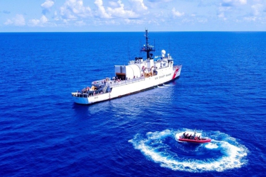 A US coastguard cutter’s crew trains in the Pacific Ocean in September. Photo: Handout/US Coast Guard