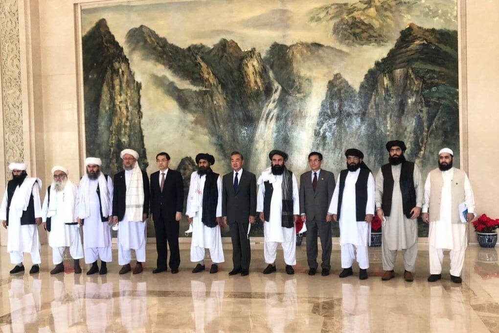The Taliban delegation with Chinese Foreign Minister Wang Yi in Tianjin on Wednesday. Photo: Handout