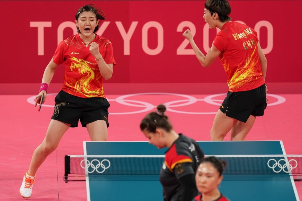 China’s Chen Meng and Wang Manyu celebrate during the table tennis women's team semi-final against Germany at the Tokyo Olympics. Photo: Xinhua