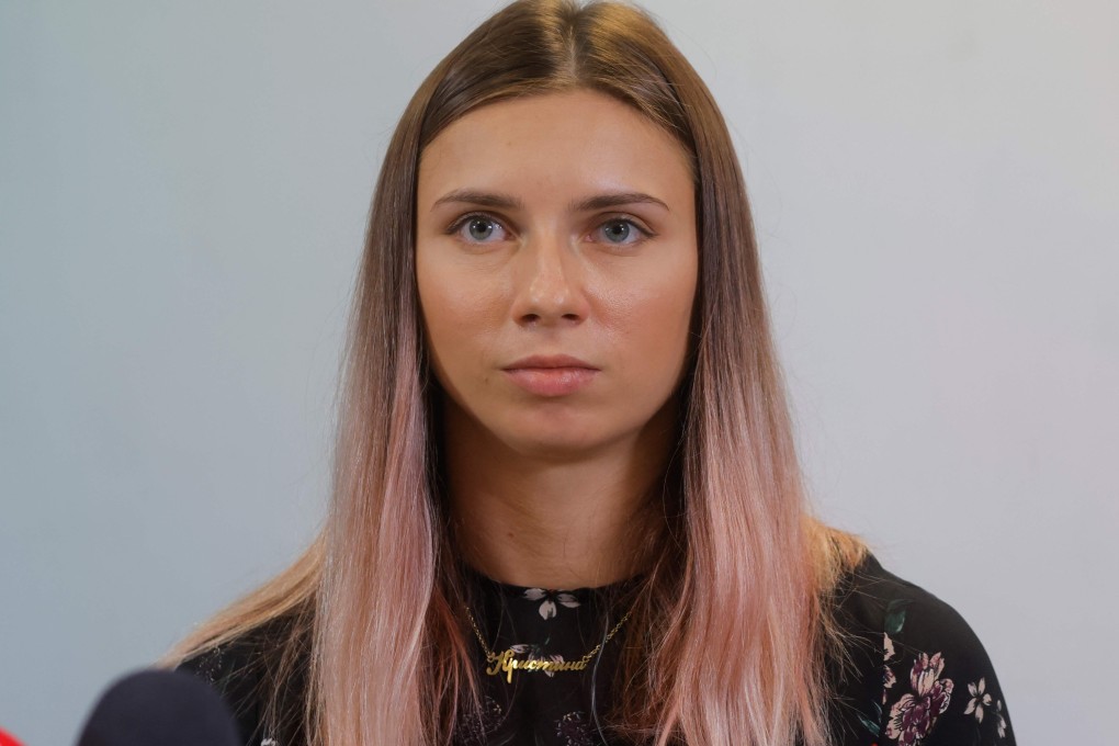 Krystsina Tsimanouskaya addresses a press conference in Warsaw on August 5, 2021. Photo: AFP