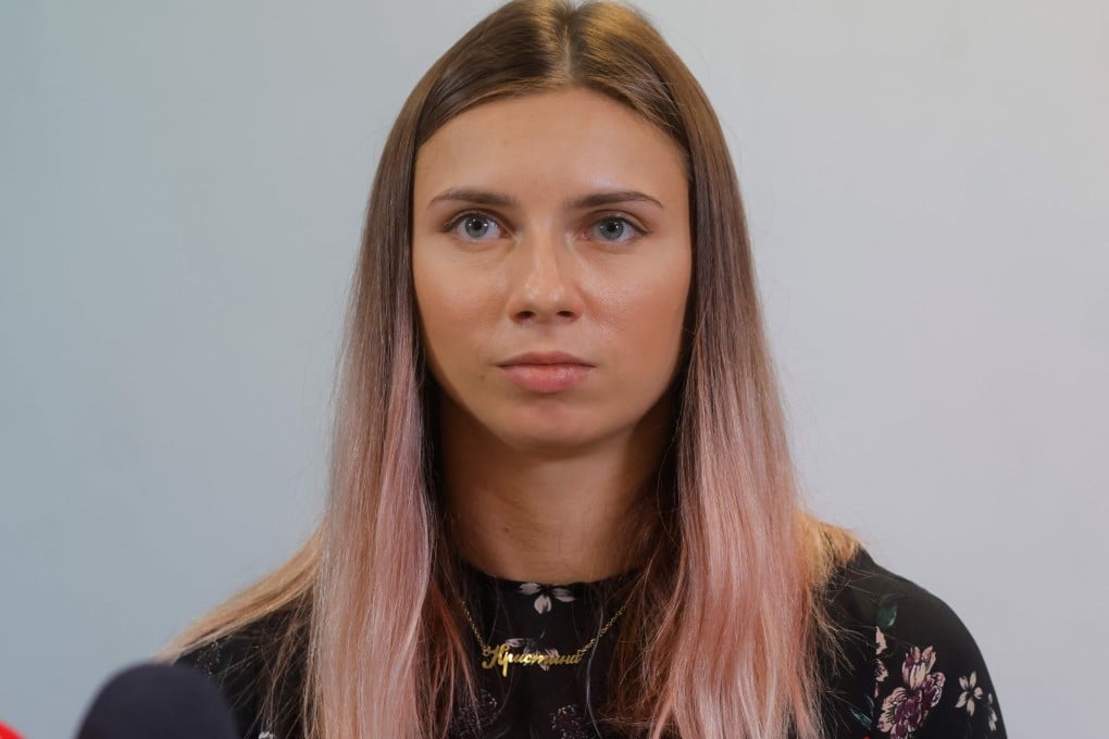 Krystsina Tsimanouskaya addresses a press conference in Warsaw on August 5, 2021. Photo: AFP