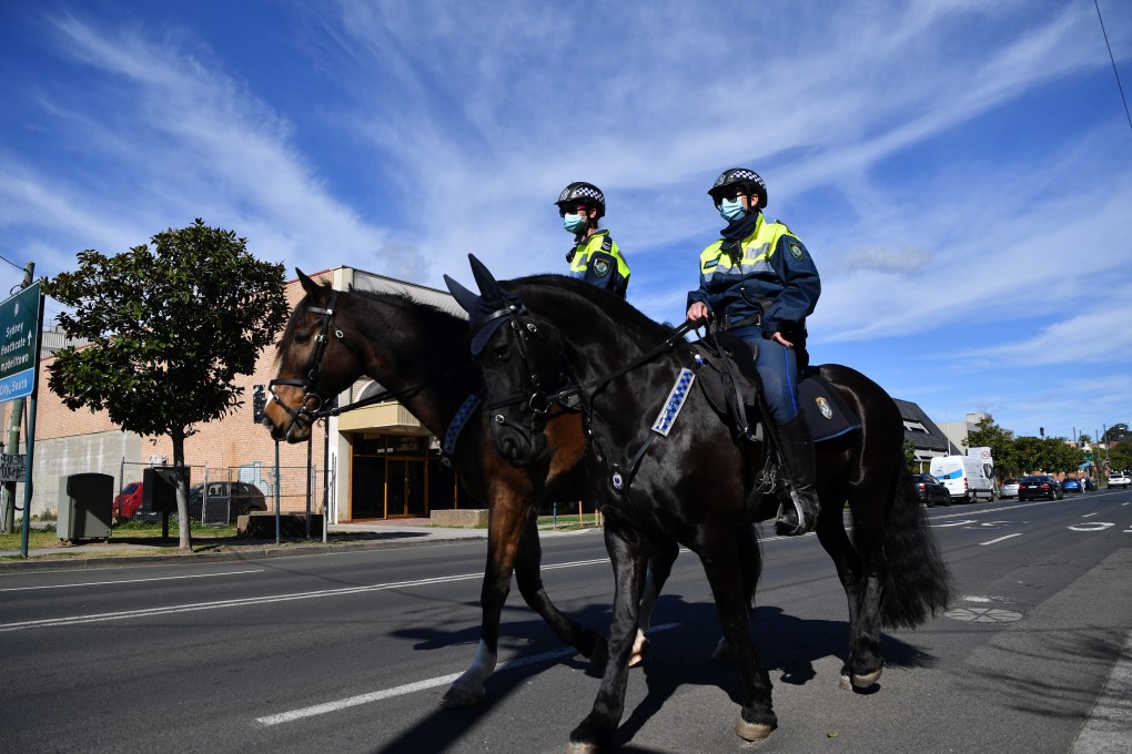 Mounted police on patrol at Liverpool in Sydney on Thursday. Photo: EPA-EFE