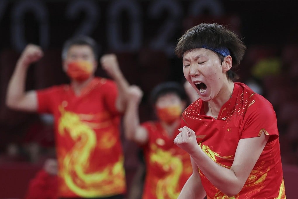 Wang Manyu of China celebrates during the table tennis women's team gold medal win over Japan at the Tokyo 2020 Olympic Games. Photo: Xinhua