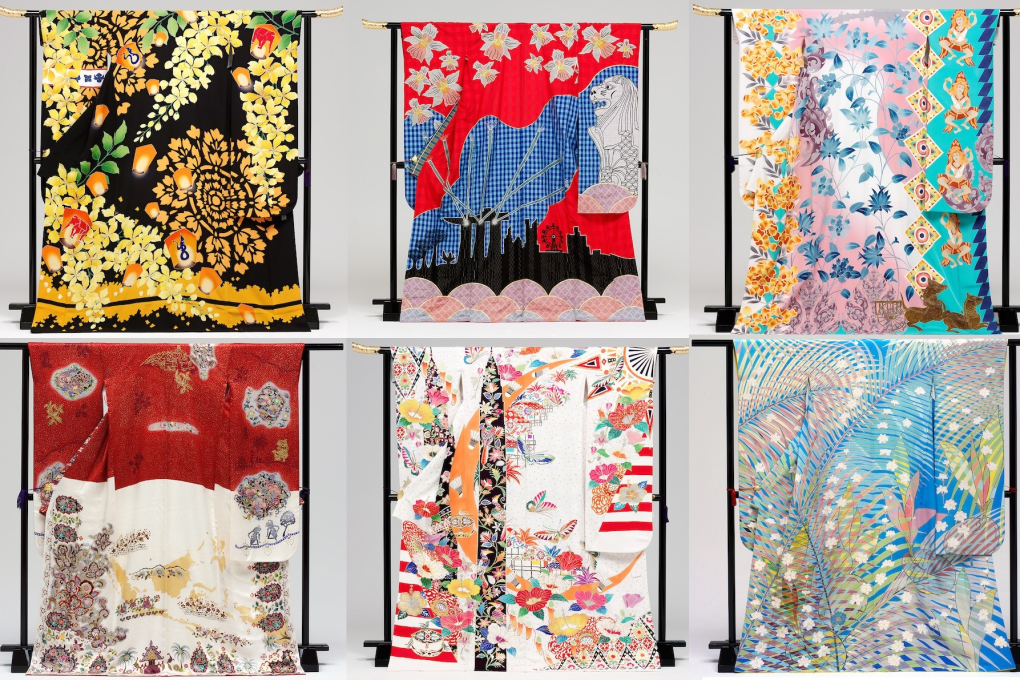 A composite image shows the kimonos created for (clockwise from top left) Thailand, Singapore, Cambodia, the Philippines, Malaysia and Indonesia. Photo: Imagine Oneworld Kimono Project