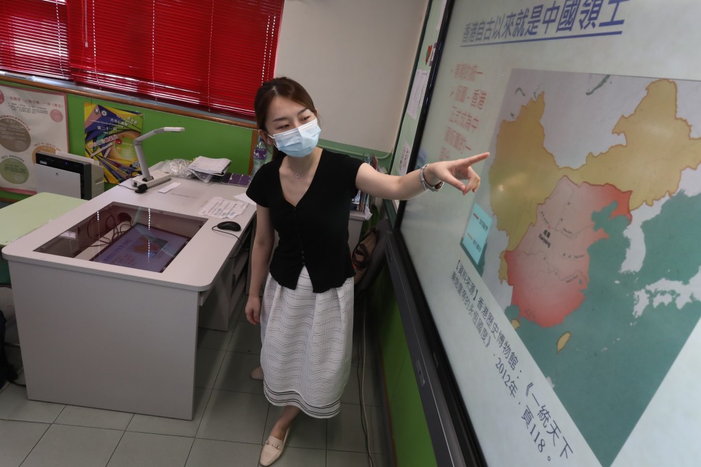 Chan Yuk-ting, one of the seven coordinators for Hong Kong schools’ national security education programme, is seen giving a lecture at ELCHK Lutheran Primary School in July. Photo: Jonathan Wong