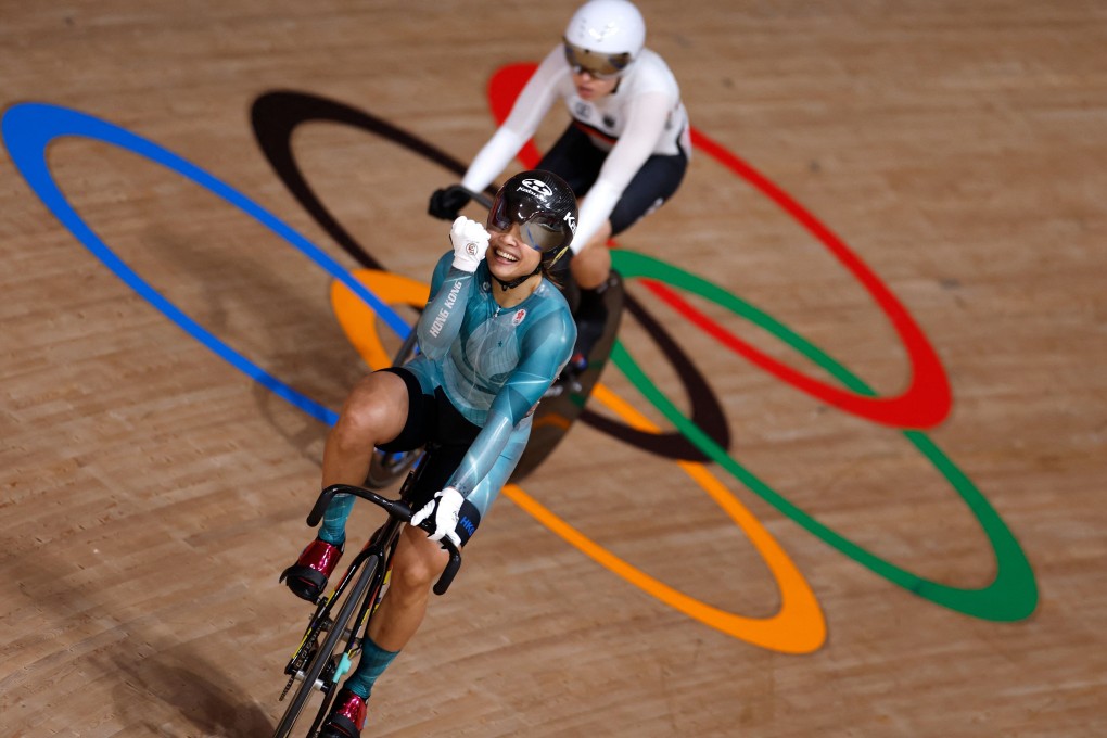Hong Kong’s Sarah Lee (front) celebrates after winning the bronze in the women’s track cycling sprint finals on Sunday. Photo: AFP