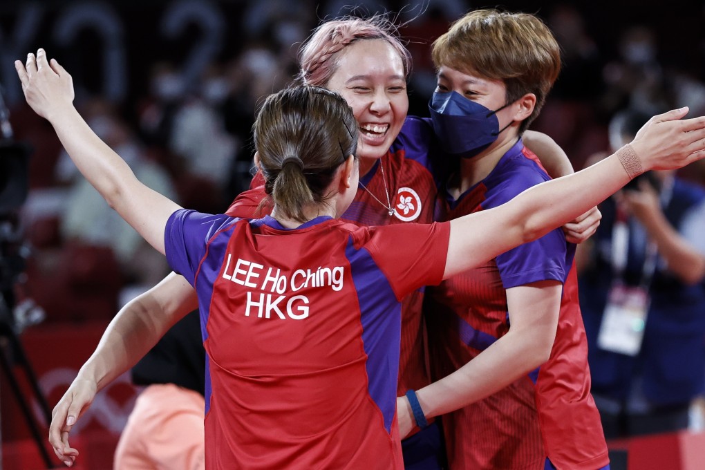 Left to right, Lee Ho-ching, Soo Wai Yam Minnie and Doo Hoi-kem of Hong Kong celebrate after winning the table tennis team bronze medal match last week at the Tokyo 2020 Olympic Games. Photo: EPA-EFE