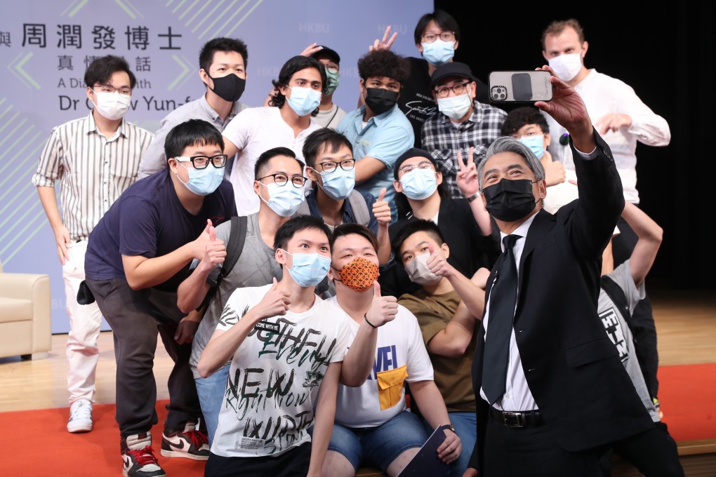 Chow Yun-fat with students at Baptist University on Saturday. Photo: Handout
