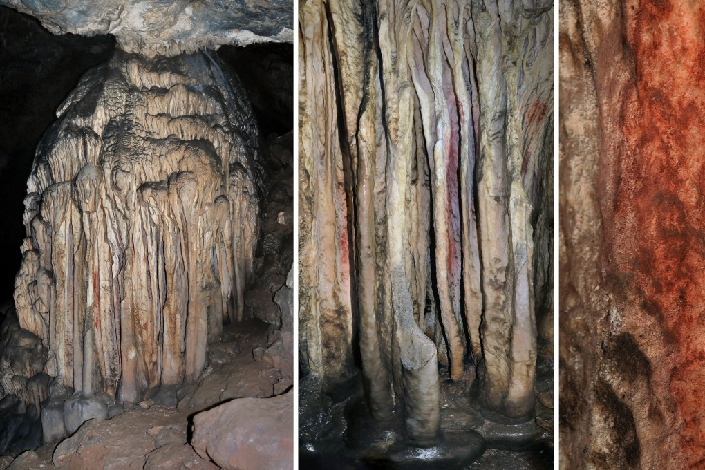 Views of the partly coloured stalagmite tower painted by Neanderthals more than 60,000 years ago in the Spanish cave of Ardales. Photo: AFP / University of Barcelona / ICREA