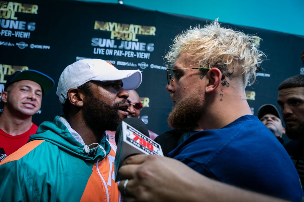 Floyd Mayweather (left) and Jake Paul clash at a media engagement in Miami Gardens, Florida. Photo: AFP