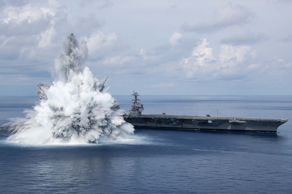 The USS Gerald R. Ford withstands a planned explosion during shock trials. Photo: Twitter