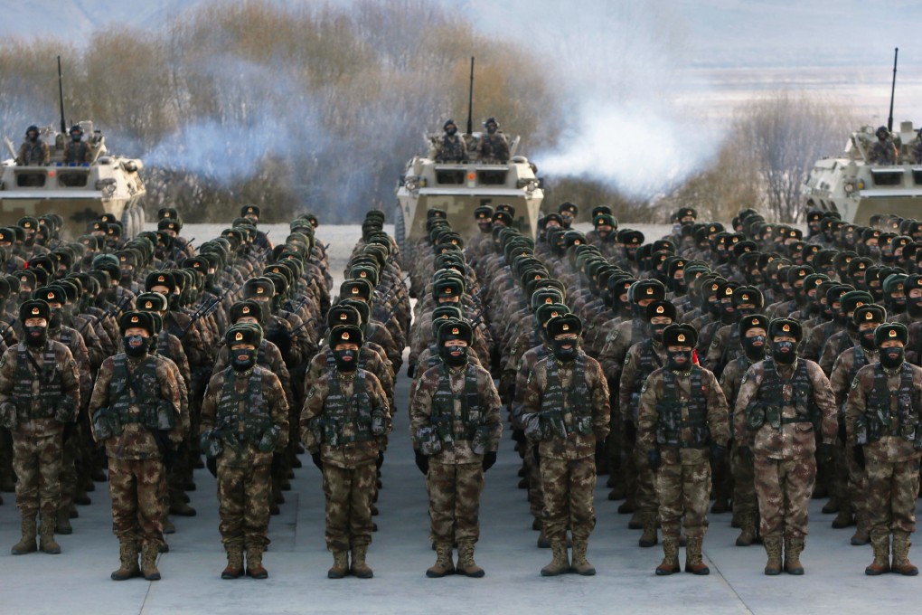 Chinese soldiers rally while training in Kashgar in northwestern China’s Xinjiang Uygur autonomous region in January. Photo: Chinatopix via AP