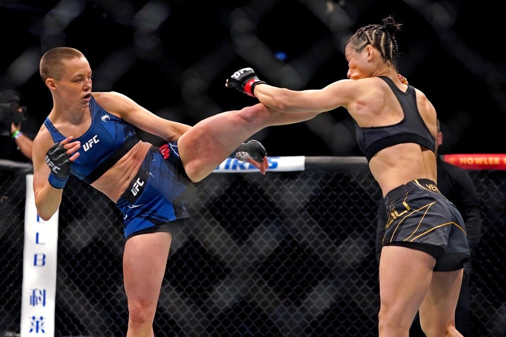 Rose Namajunas lands a head kick on Zhang Weili at UFC 261. Photo: USA Today