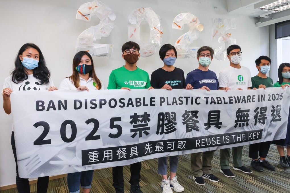 Members of green groups urge the Hong Kong government to ban disposable plastic tableware by 2025. Photo: Dickson Lee