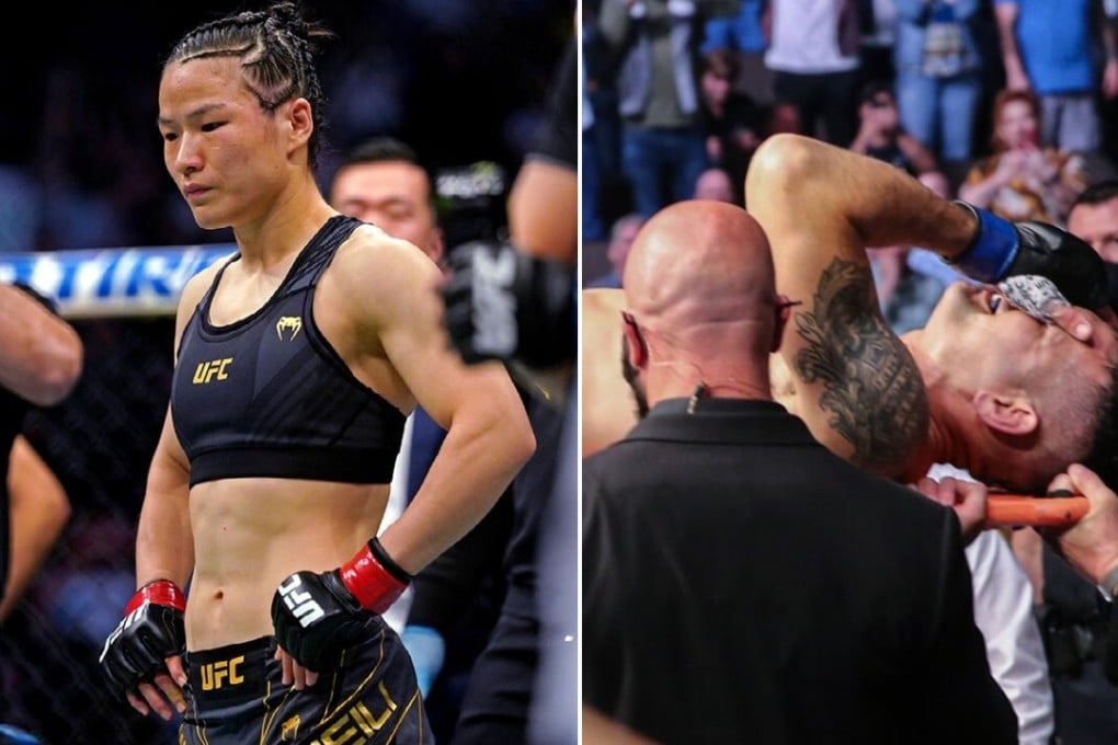Zhang Weili (left) looks dejected after her loss to Rose Namajunas, which came after Chris Weidman (right) broke his leg at UFC 261. Photo: USA Today/AFP