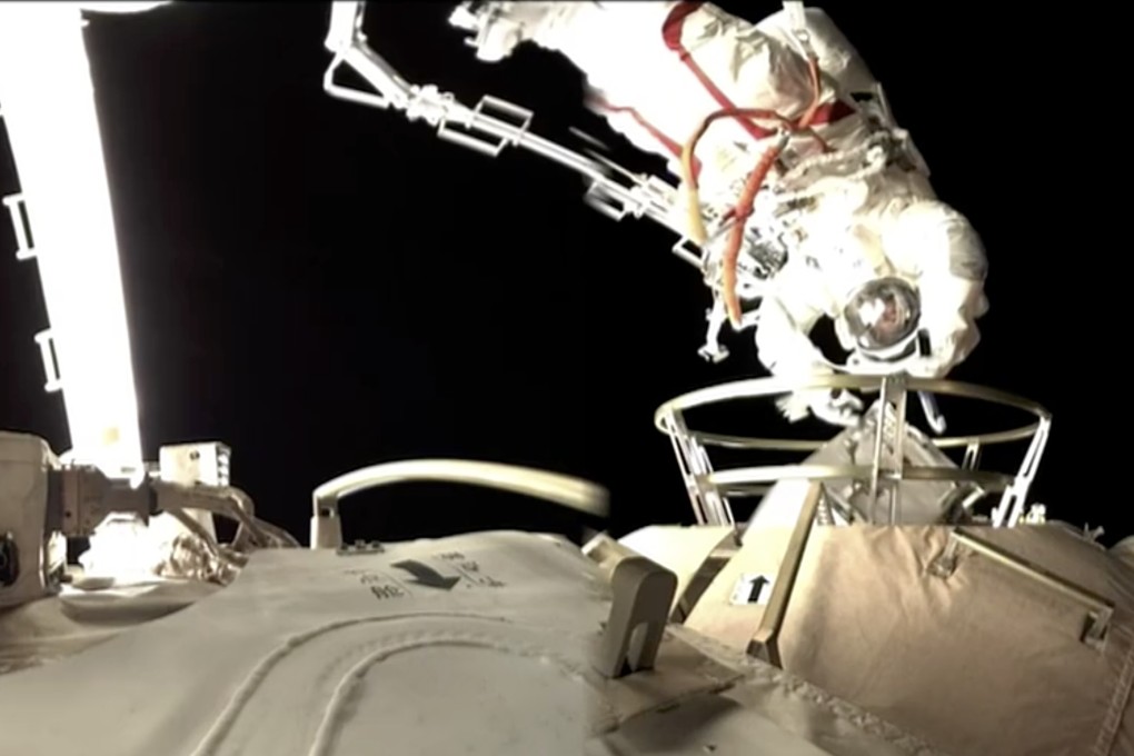 The astronauts’ second spacewalk in two months was shown on state television. Photo: CCTV