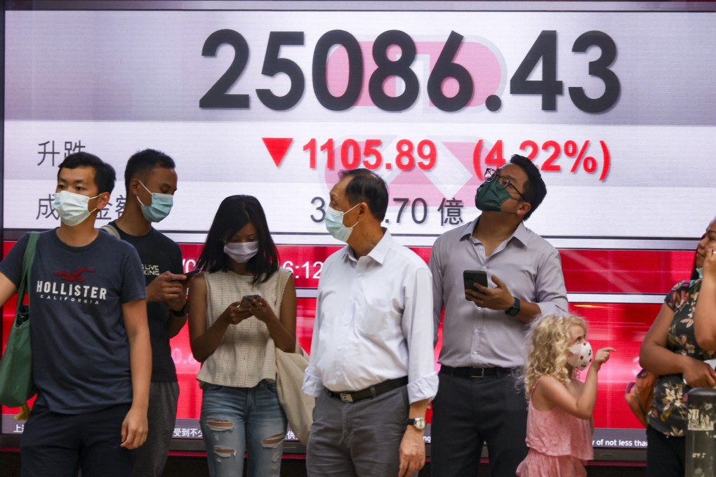 An electronic monitor shows Hang Seng Index at Central on 27 July 2021. Photo: May Tse