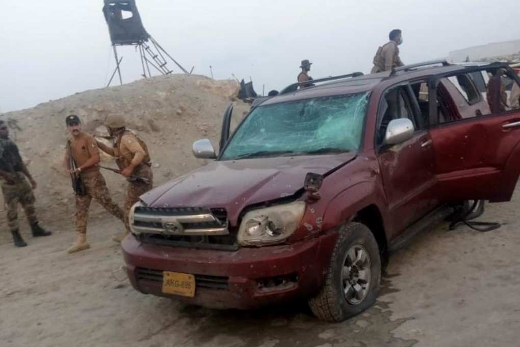 A damaged vehicle is seen at the site of a blast in Gwadar. Photo: Xinhua