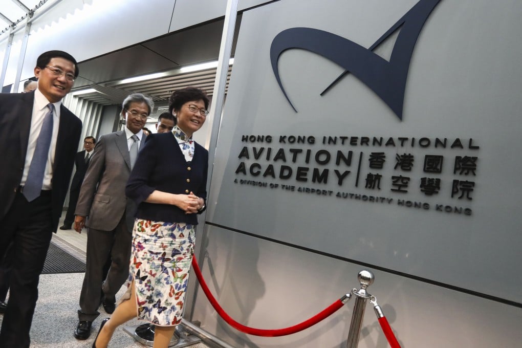 Hong Kong leader Carrie Lam visits the Hong Kong International Aviation Academy in 2017. Photo: Nora Tam