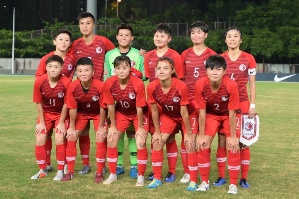 The Hong Kong women's representative football team line-up ahead of playing the Philippines at Tseung Kwan O in September, 2019. Photo: HKFA
