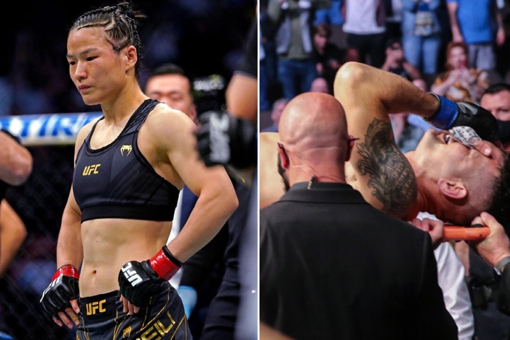 Zhang Weili (left) looks dejected after her loss to Rose Namajunas, which came after Chris Weidman (right) broke his leg at UFC 261. Photo: USA Today/AFP