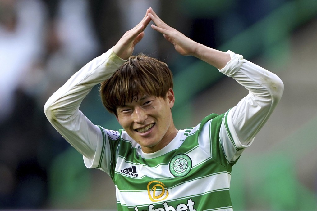 Celtic's Kyogo Furuhashi celebrates scoring in the Europa League play-off. Photo: AP