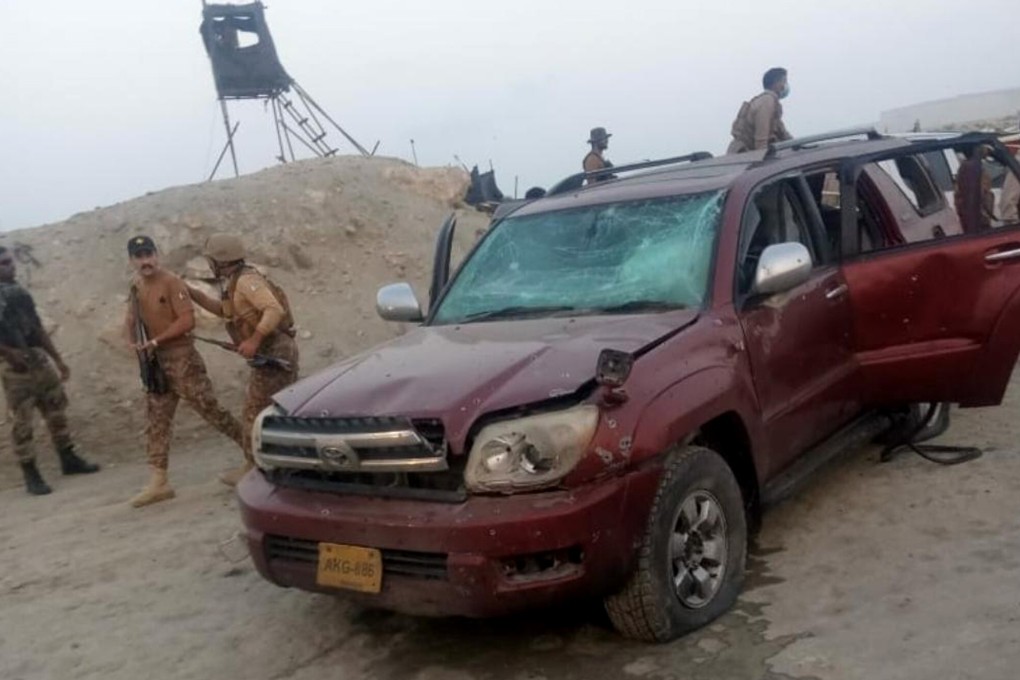 A damaged vehicle is seen at the site of the blast in Gwadar. The Balochistan Liberation Army claimed responsibility for the attack. Photo: Xinhua