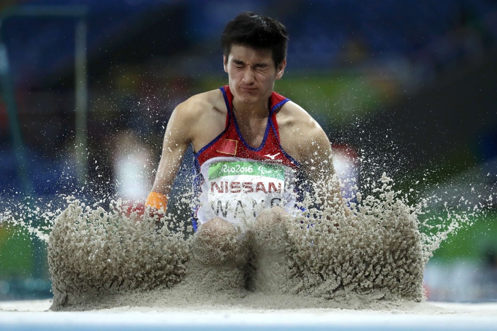 Wang Hao of China competes on his way to a silver medal in the 2016 Rio Paralympics long jump. Photo: Reuters.