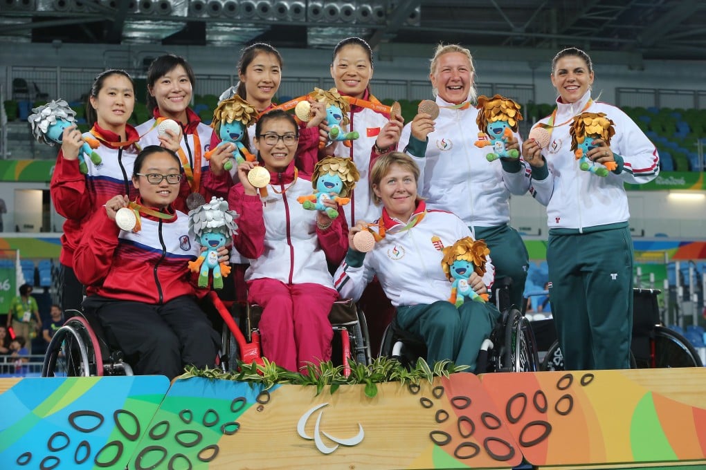 Hong Kong’s silver medallists in the team epee open at the Rio 2016 Paralympic Games, with Chan Yui-chong (front row left), Justine Charissa Ng (back row left) and Yu Chui-yee (2nd left back row). Photo: Handout