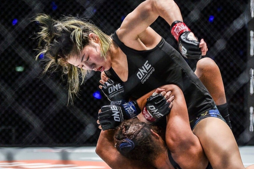Meng Bo delivers ground and pound to Samara Santos. Photos: ONE Championship