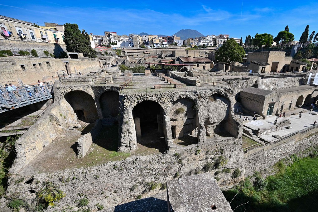 The archaeological site of Herculaneum in Ercolano, near Naples, Italy with Mount Vesuvius in the background. Photo: AFP