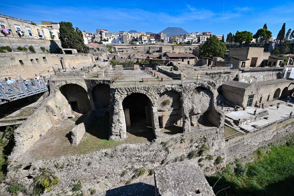 The archaeological site of Herculaneum in Ercolano, near Naples, Italy with Mount Vesuvius in the background. Photo: AFP