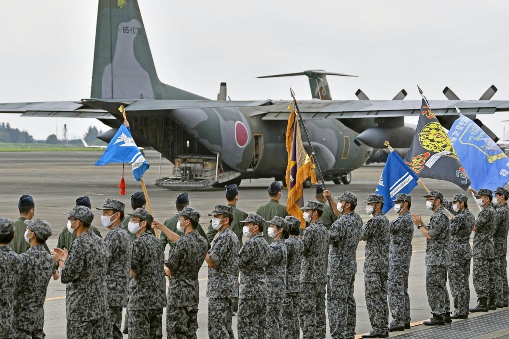 A Japanese defence forces aircraft leaves Saitama on August 23, 2021, on an evacuation mission. Photo: Kyodo
