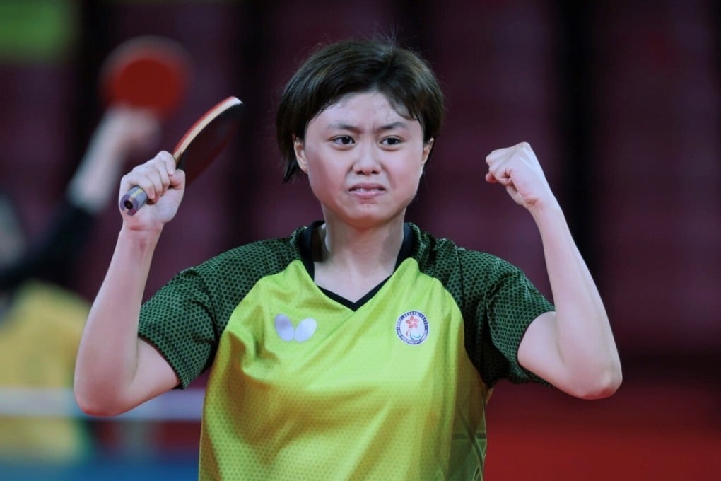 Hong Kong table tennis athlete Wong Ting-ting celebrates during a match at the Tokyo 2020 Paralympic Games. Photo: Hong Kong Paralympic Committee