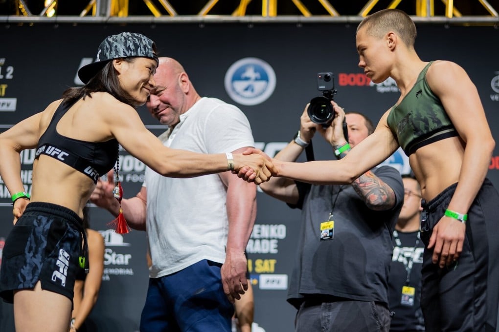 Zhang Weili and Rose Namajunas shake hands at the UFC 261 weigh-in. Photo: Zuffa LLC