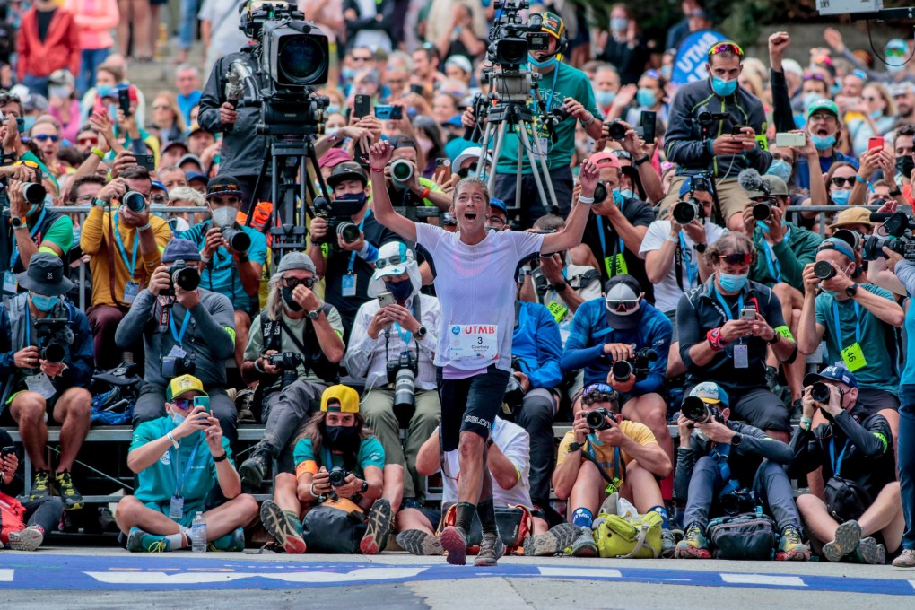 Courtney Dauwalter at the UTMB finish line. Photo: Laurent Salino/UTMB