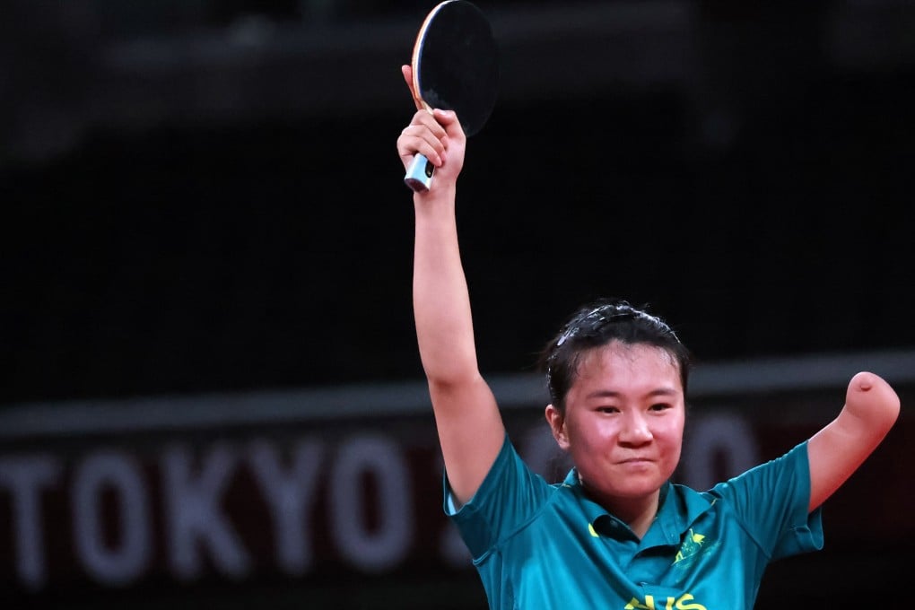 Yang Qian of Australia celebrates after winning her Tokyo 2020 Paralympic Games table tennis final match against Bruna Costa Alexandre of Brazil. Photo: Reuters
