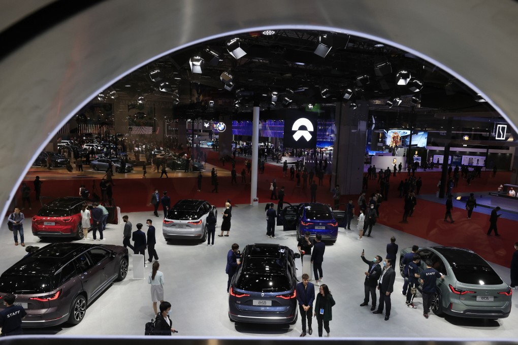 NIO’s electric cars on display during the Shanghai Auto Show on Tuesday, April 20, 2021. Photo: AP