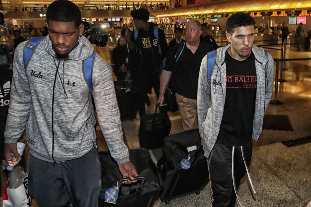 LiAngelo Ball (right) and fellow UCLA basketball players caught shoplifting while on a team trip to China return from Shanghai at Los Angeles International Airport in November, 2017. Photo: TNS