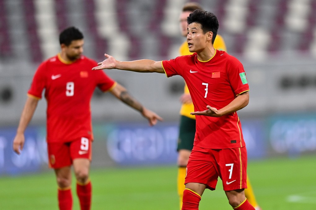 China's Wu Lei gestures during the Fifa World Cup Qatar 2022 Asian qualification football match between Australia and China in Doha. Photo: Xinhua