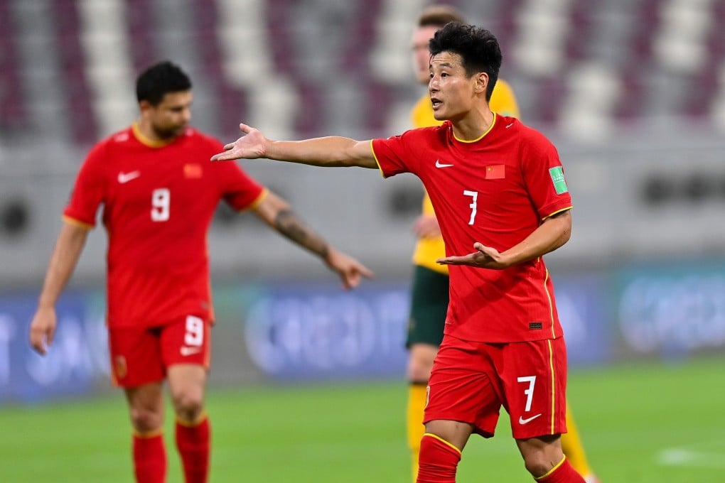 China's Wu Lei gestures during the Fifa World Cup Qatar 2022 Asian qualification football match between Australia and China in Doha. Photo: Xinhua