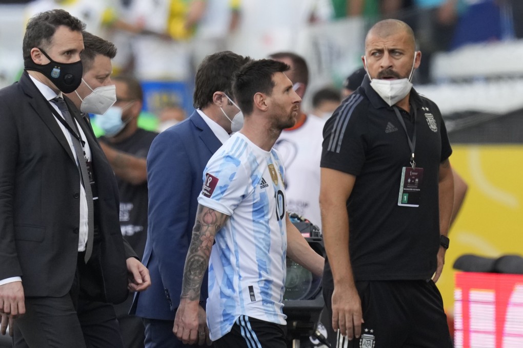 Argentina’s Lionel Messi walks off the field after the qualifying match for the Fifa World Cup Qatar 2022 against Brazil was interrupted by health officials in Sao Paulo, Brazil on Sunday. Photo: AP