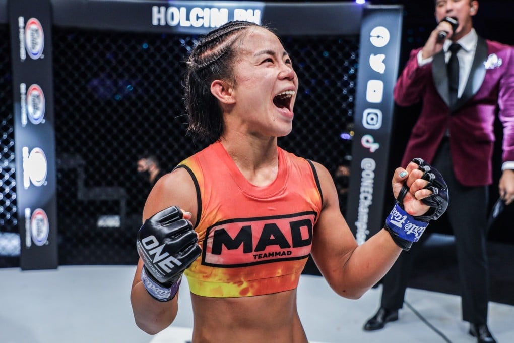 Ham Seo-hee celebrates her victory over Denice Zamboanga in the ONE atomweight grand prix. Photos: ONE Championship